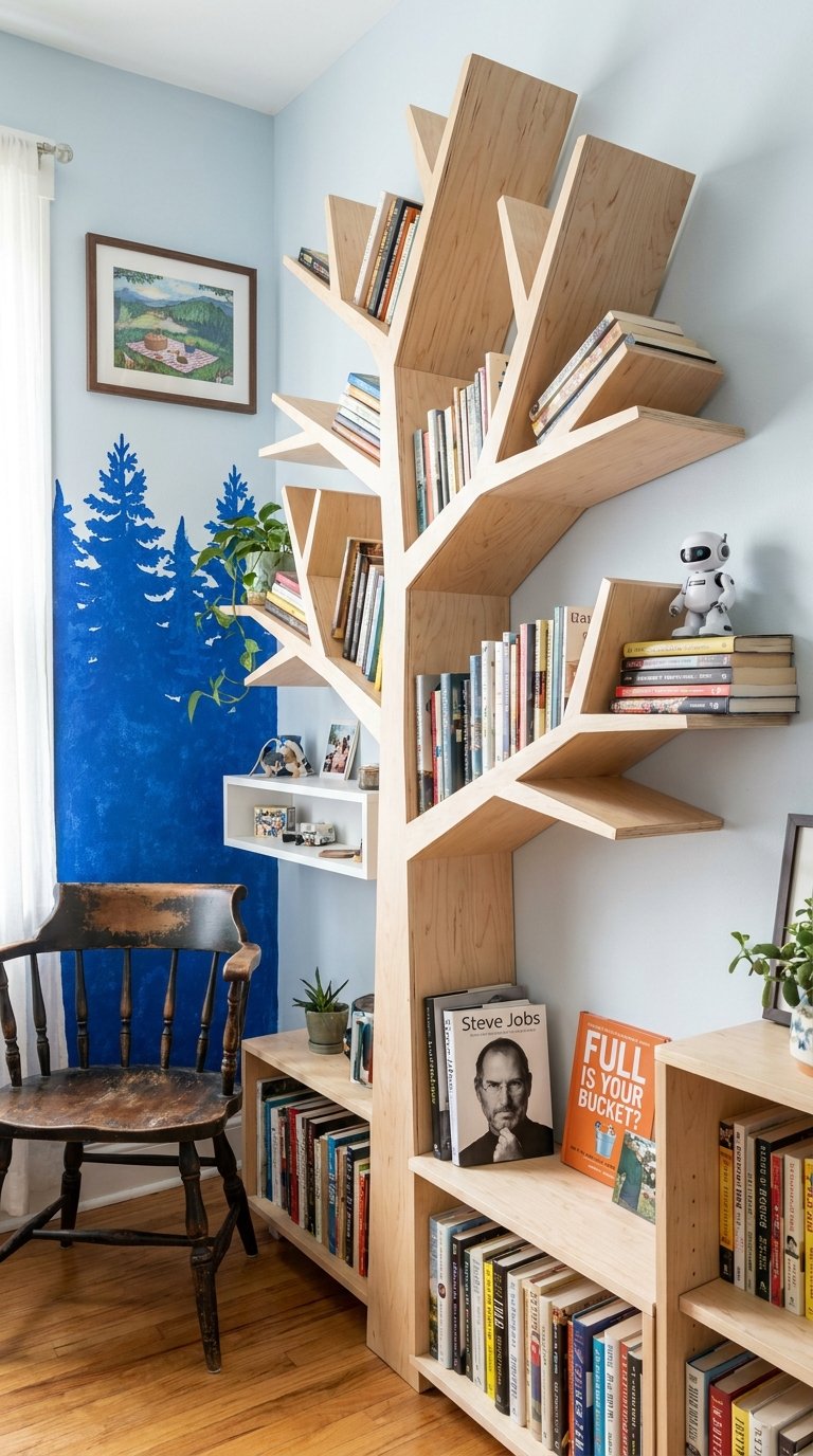 Bibliothèque en bois en forme d’arbre dans un salon aux murs bleu clair