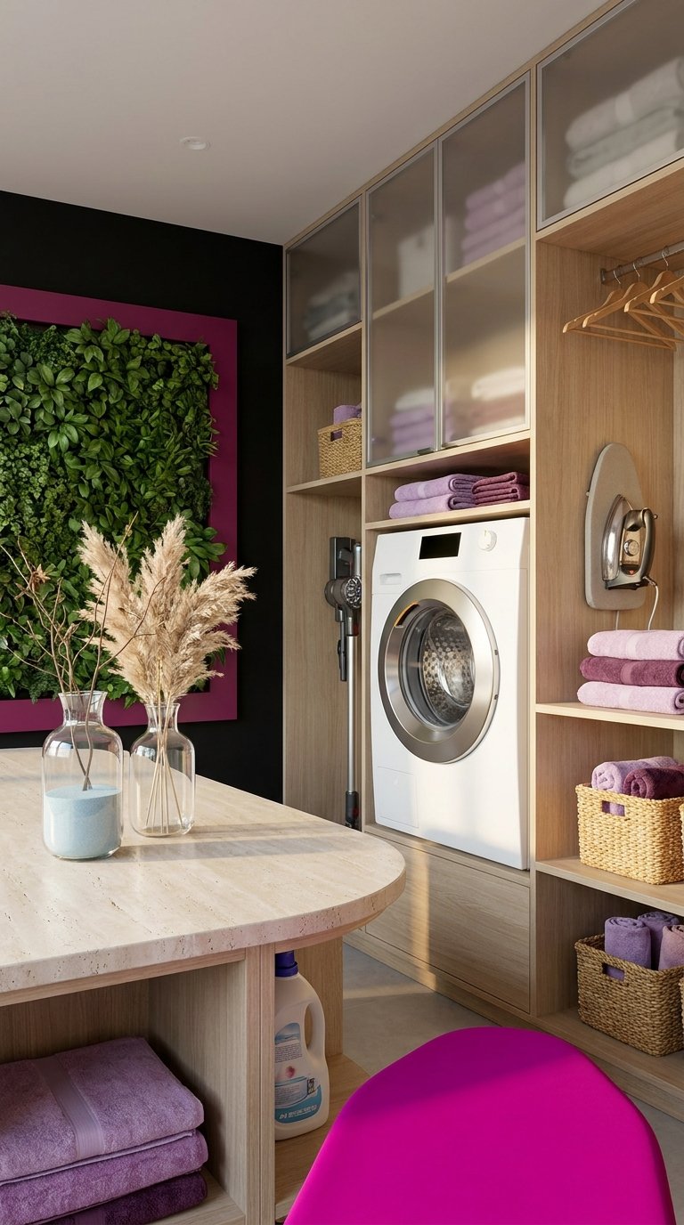 Buanderie contemporaine en bois avec lave-linge intégré, rangements et mur végétal