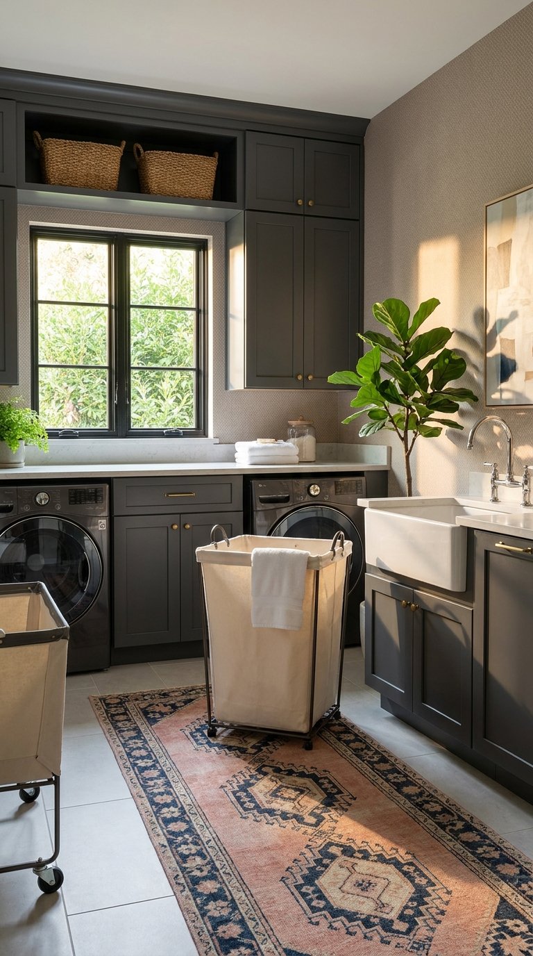 Grande buanderie gris anthracite avec deux machines, évier et paniers roulants