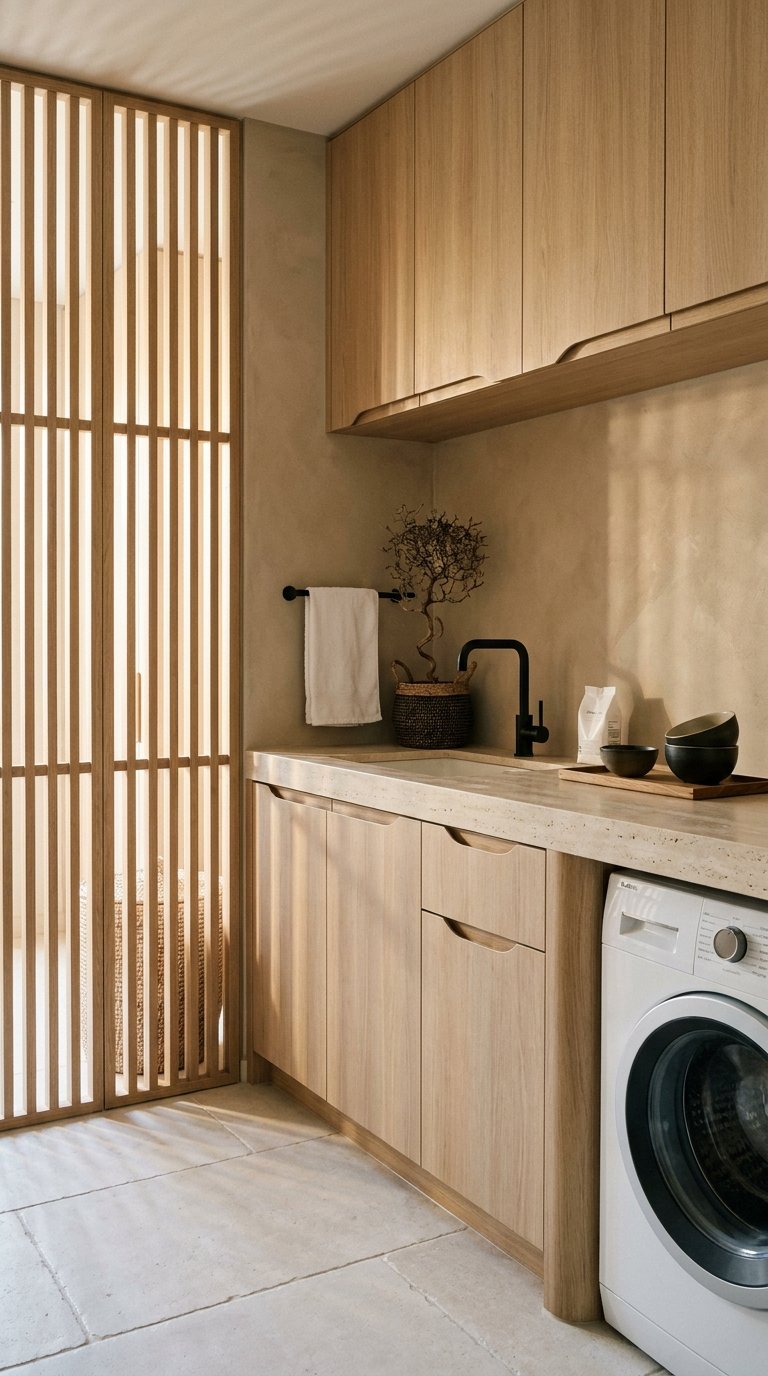 Buanderie minimaliste en bois clair avec plan minéral et claustra vertical