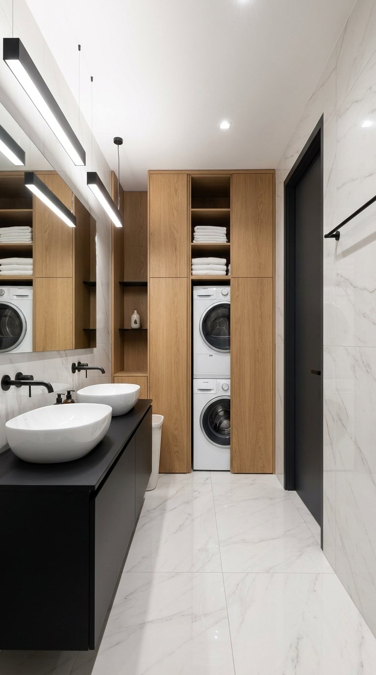 Salle de bain moderne en marbre avec double vasque noire et machines superposées dans une colonne en bois