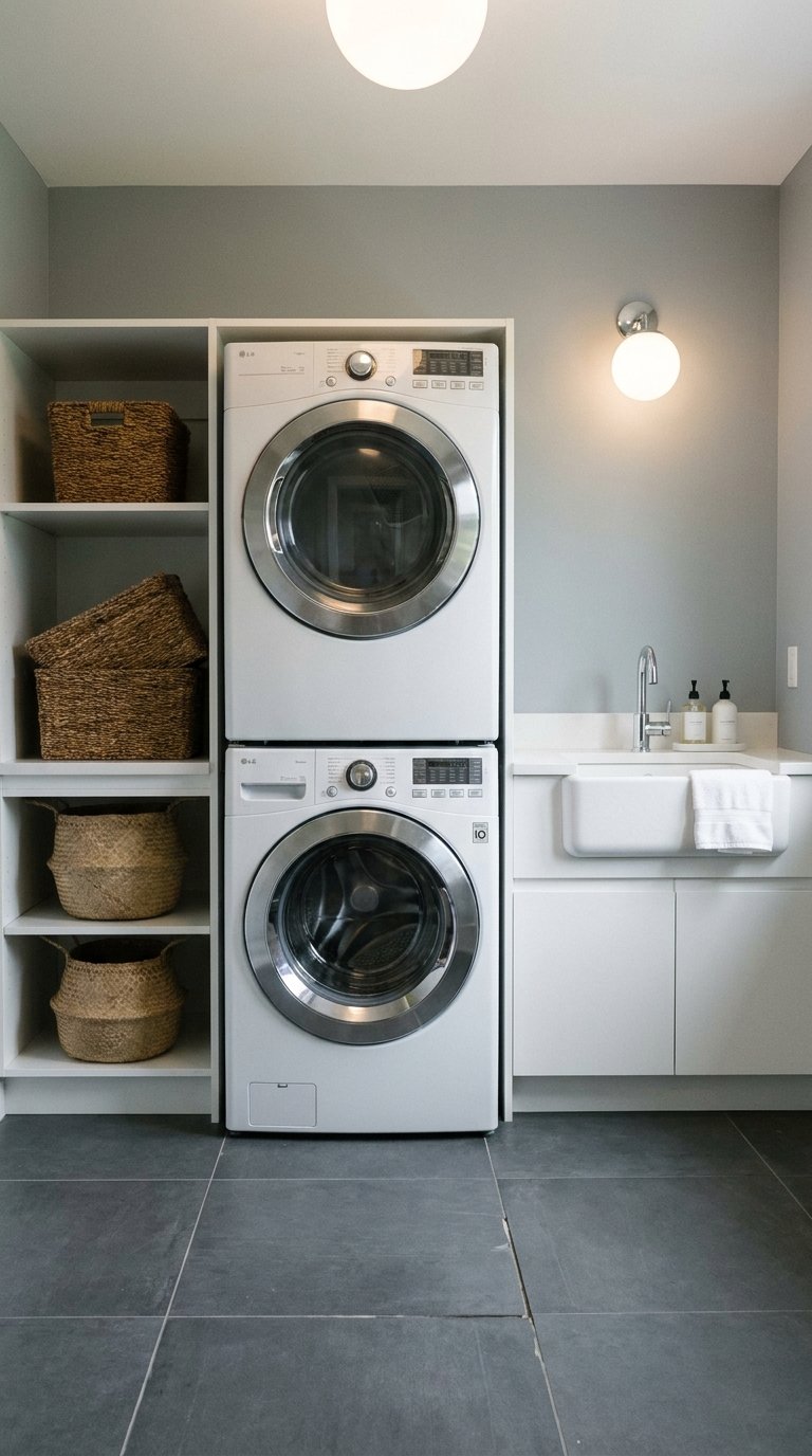 Lave-linge et sèche-linge blancs superposés près d’un évier et d’étagères à paniers