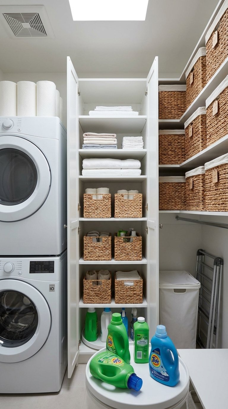 Buanderie blanche très rangée avec machines superposées, armoire ouverte et nombreux paniers