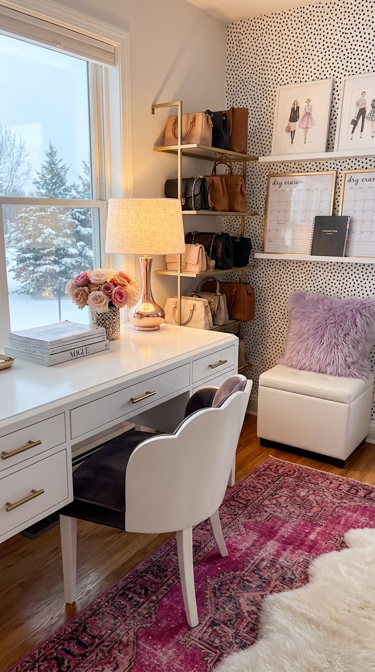Bureau blanc près d’une fenêtre avec fauteuil violet, tapis rose et étagères à sacs