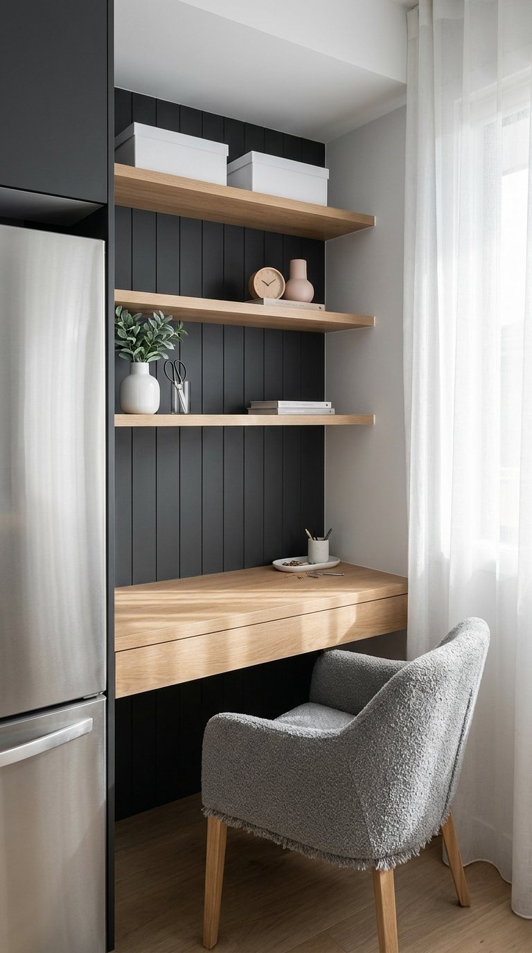 Petit bureau en bois aménagé entre un réfrigérateur et une fenêtre