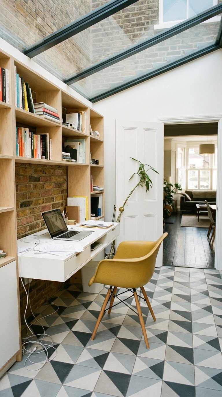 Bureau blanc sous une verrière avec mur en briques et bibliothèque en bois