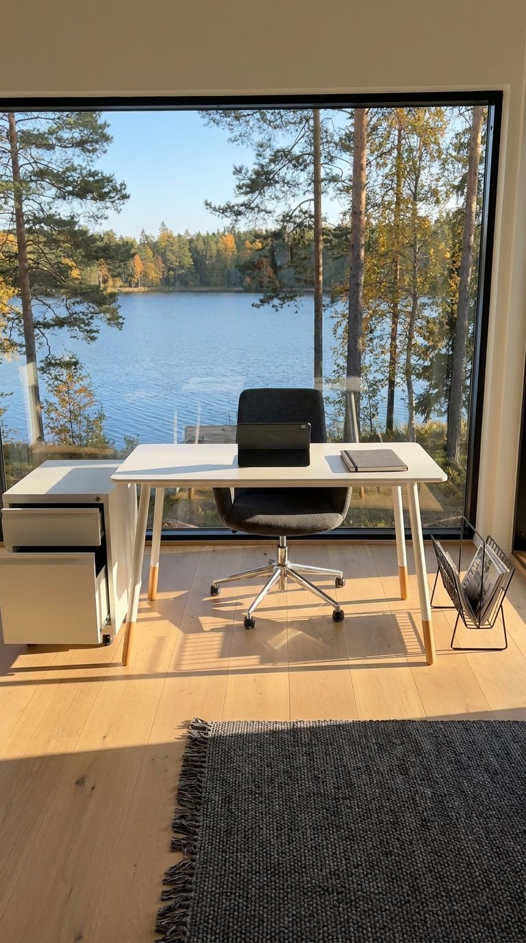 Bureau blanc minimaliste placé devant une baie vitrée donnant sur un lac
