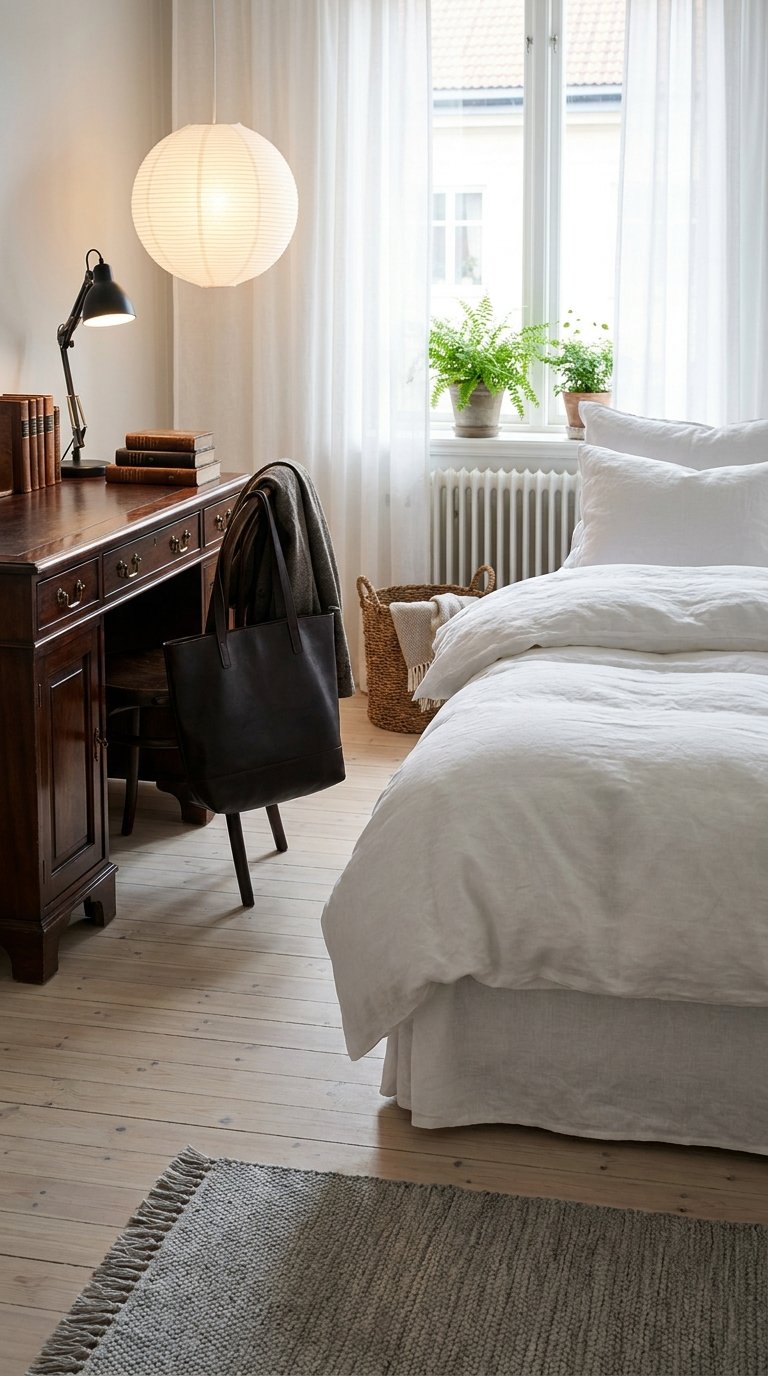 Bureau ancien en bois installé près d’un lit blanc et d’une fenêtre