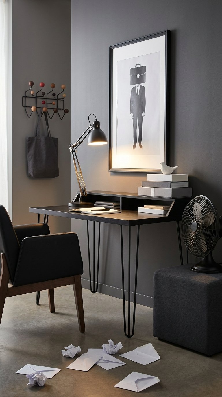 Bureau noir étroit contre un mur gris avec lampe articulée et fauteuil