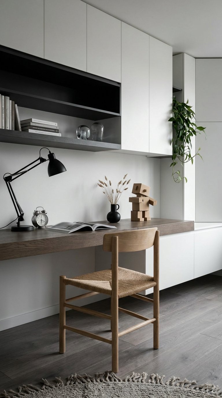 Long bureau mural en bois entouré de placards blancs et d’étagères noires