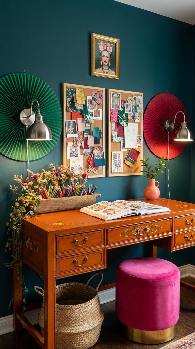 Bureau orange devant un mur bleu pétrole avec tableaux d’inspiration colorés
