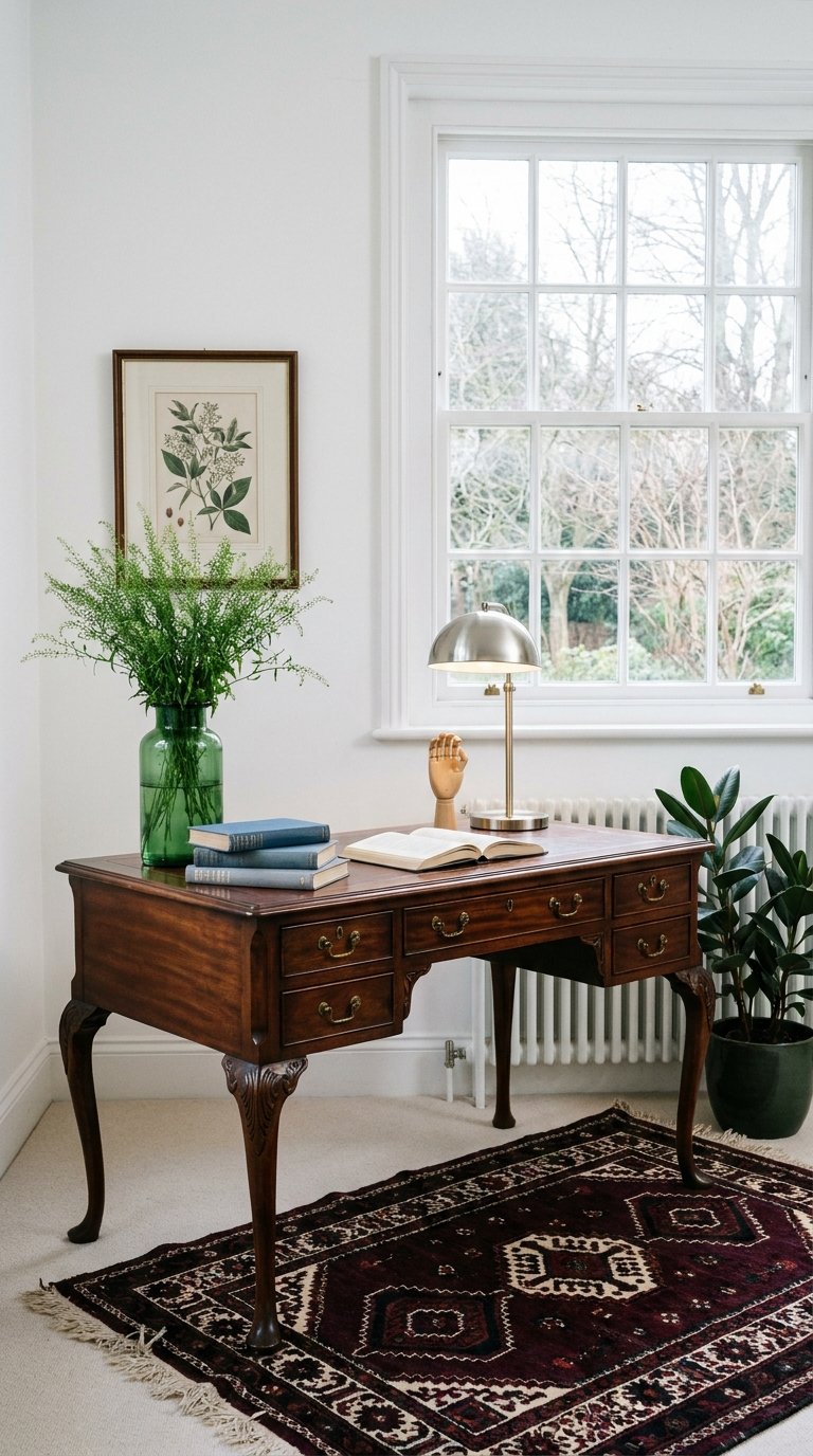 Bureau ancien en bois sous une fenêtre avec plantes vertes et tapis oriental