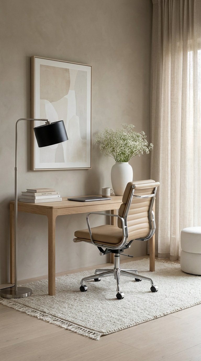 Bureau en bois clair avec fauteuil beige, lampadaire noir et rideaux en lin