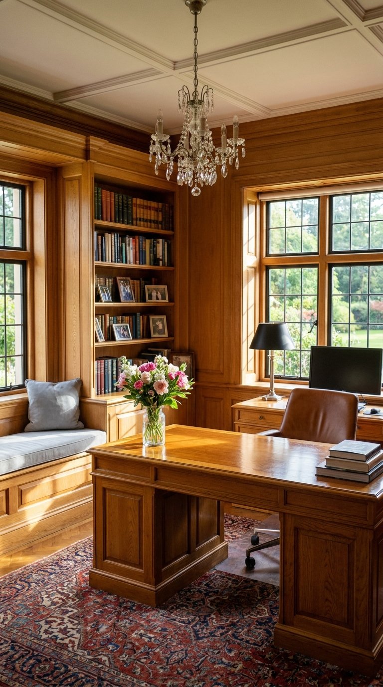 Bureau classique en bois dans une bibliothèque avec boiseries et lustre en cristal