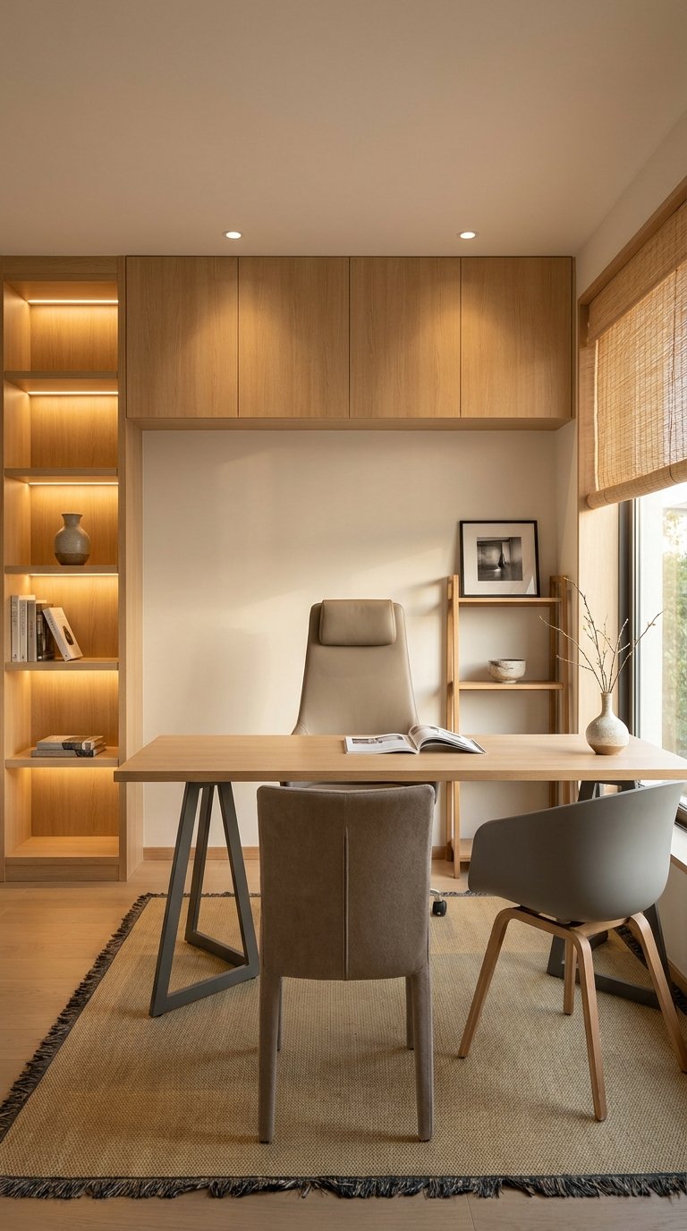 Bureau contemporain en bois clair avec rangements intégrés et trois fauteuils