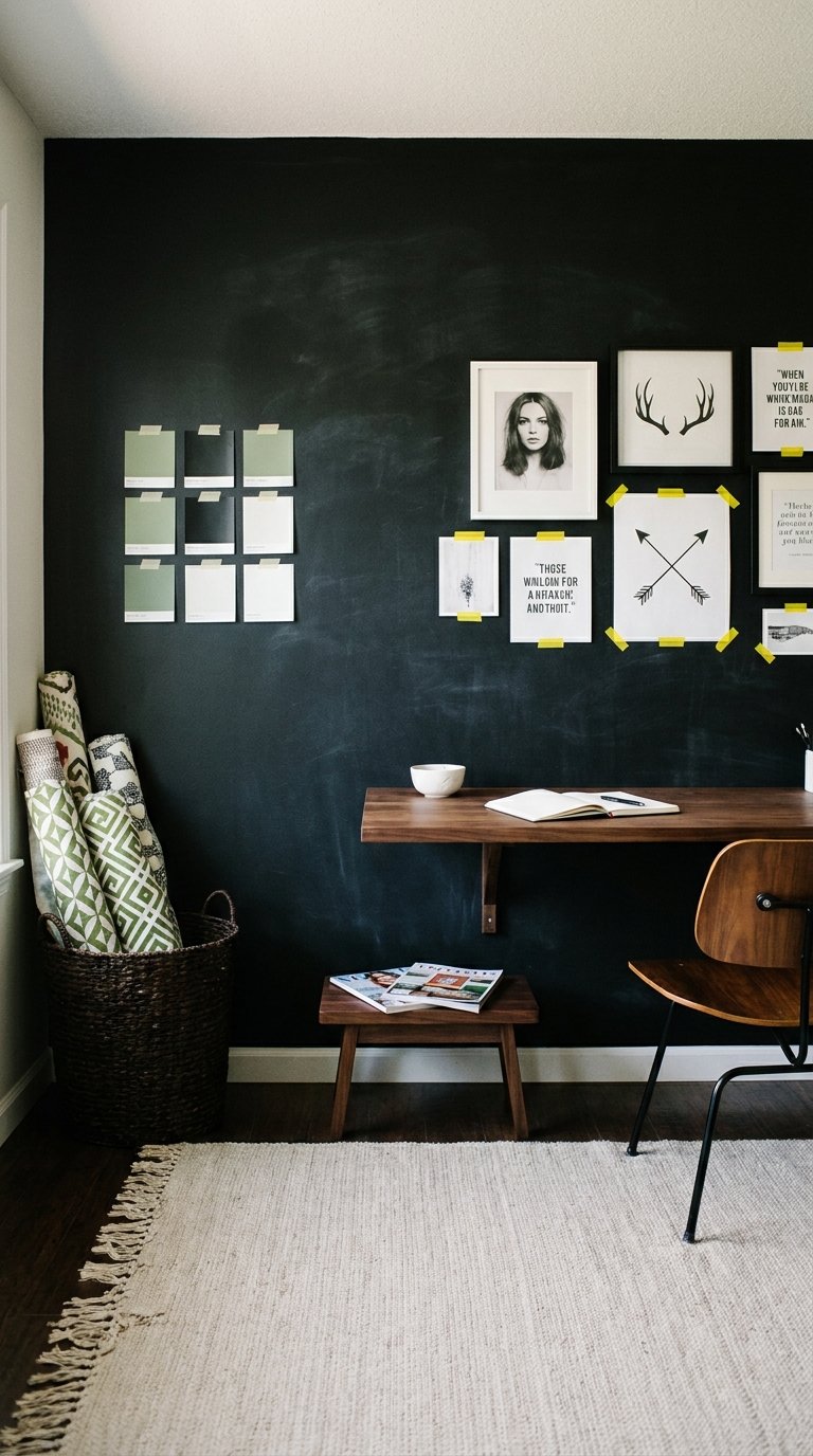 Petit bureau mural en bois devant un mur noir utilisé comme tableau