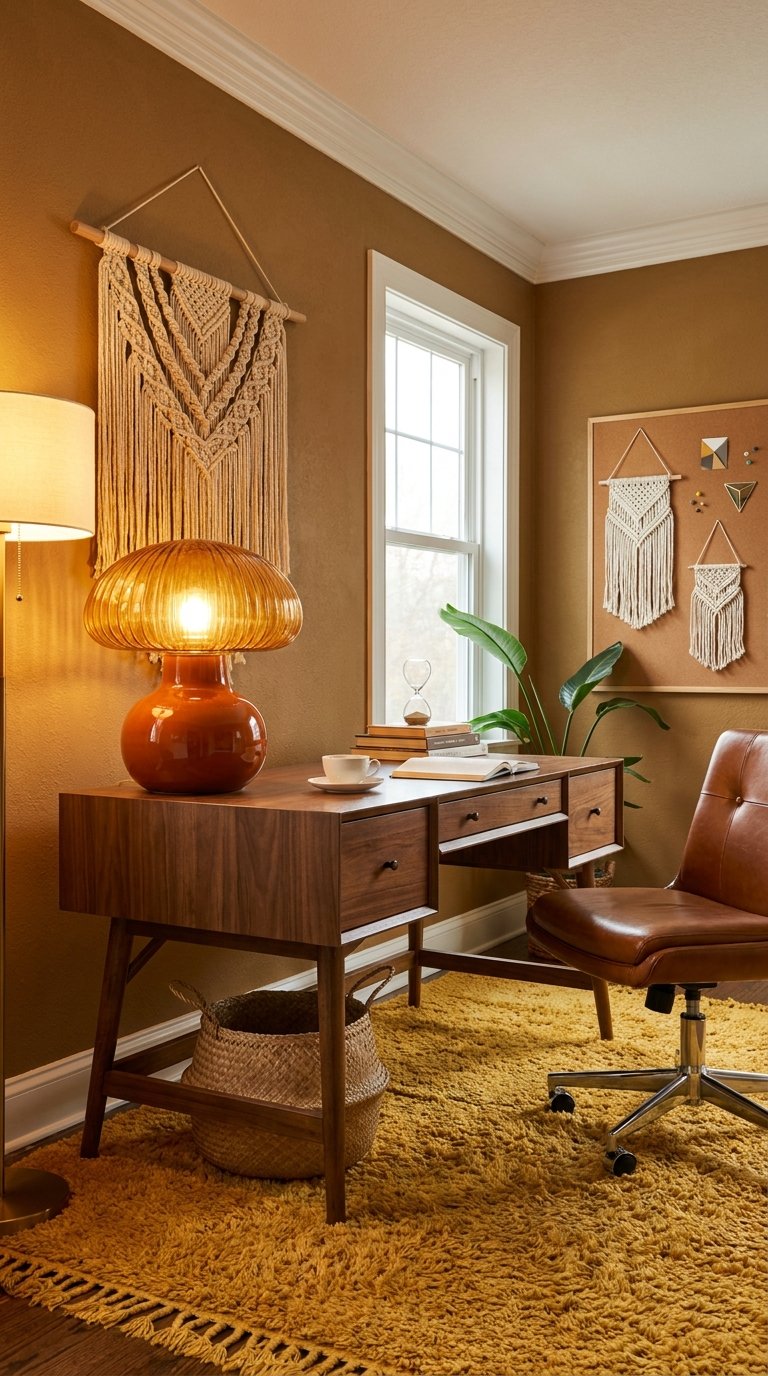 Bureau rétro en bois avec fauteuil en cuir, tapis moutarde et décorations en macramé