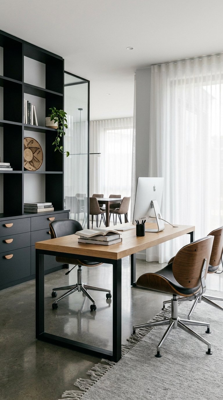 Bureau moderne en bois et métal noir avec bibliothèque sombre et fauteuils visiteurs