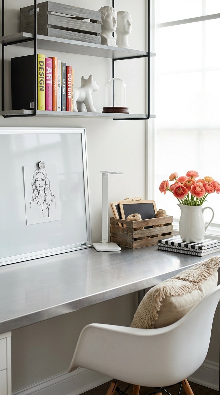 Bureau gris clair près d’une fenêtre avec étagères métalliques et fleurs roses