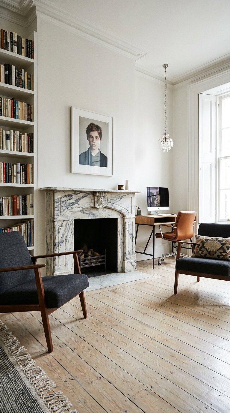 Bureau discret dans un salon blanc avec cheminée en marbre et bibliothèque