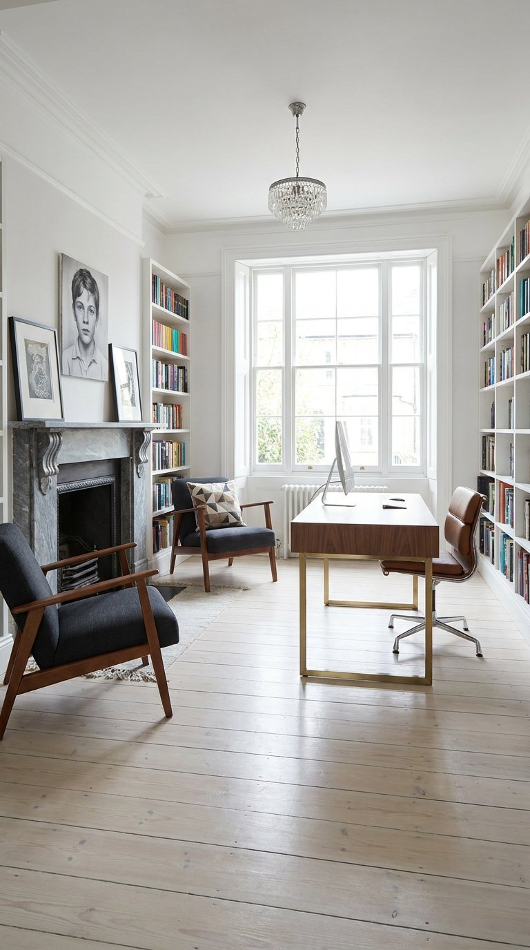 Bureau en bois au centre d’une bibliothèque blanche avec cheminée et fauteuils