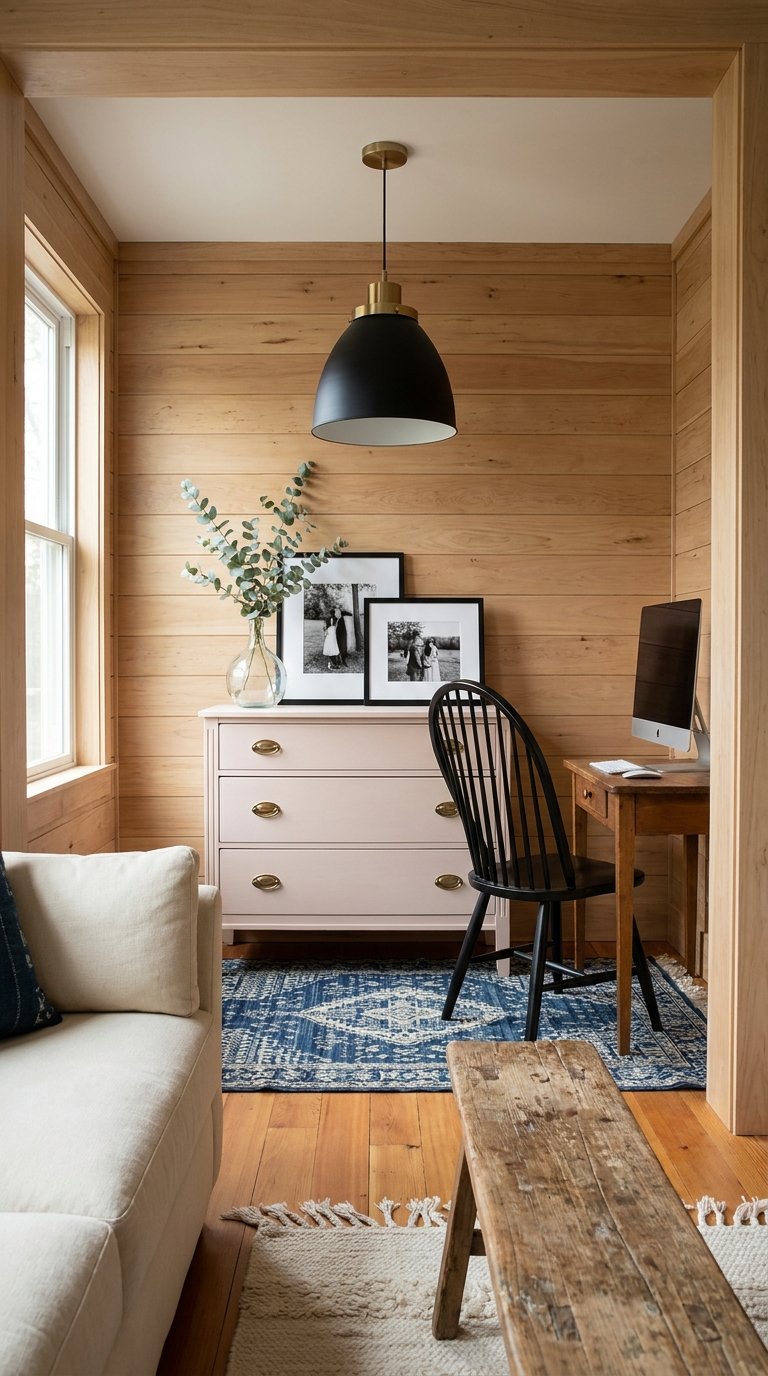 Petit bureau en bois dans une alcôve lambrissée attenante au salon