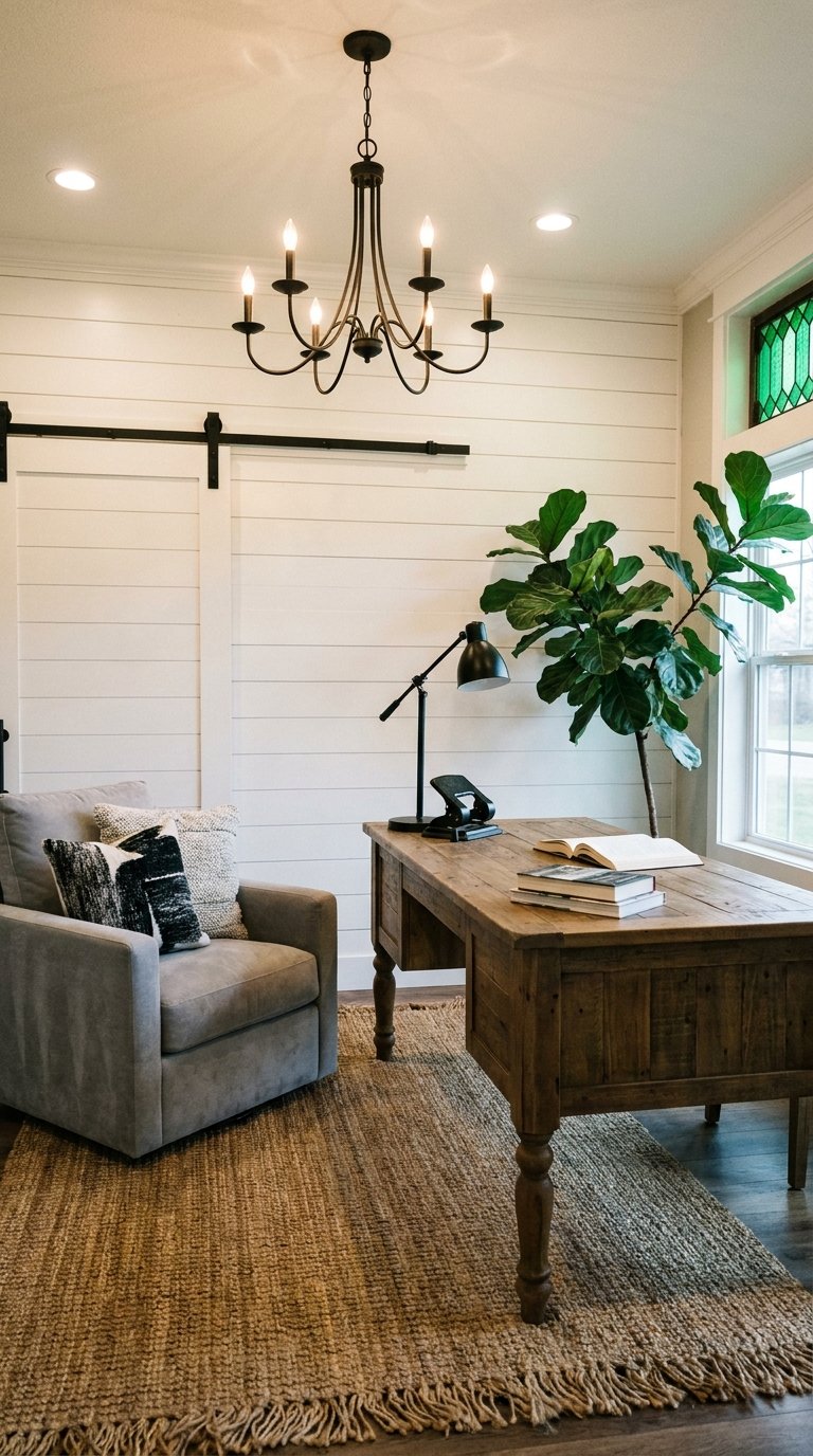 Bureau rustique en bois avec grand fauteuil gris, tapis en jute et plante verte