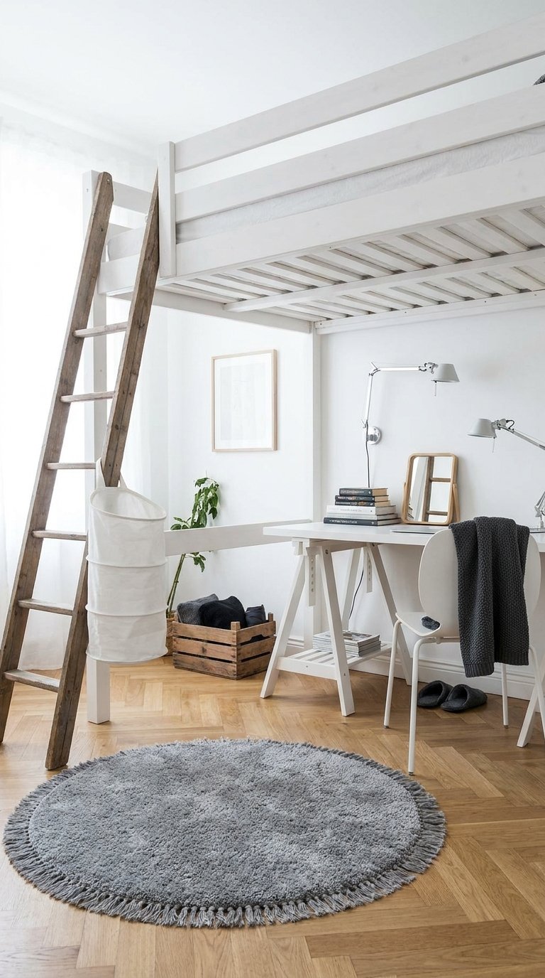 Bureau blanc installé sous un lit mezzanine avec échelle en bois et tapis rond gris