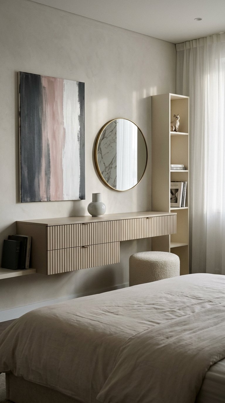 Chambre beige avec coiffeuse suspendue, miroir rond et tableau abstrait