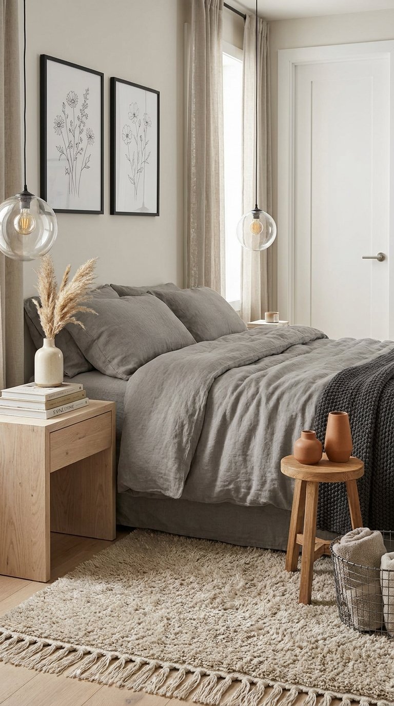 Chambre beige et grise avec linge en lin, suspensions en verre et tapis texturé
