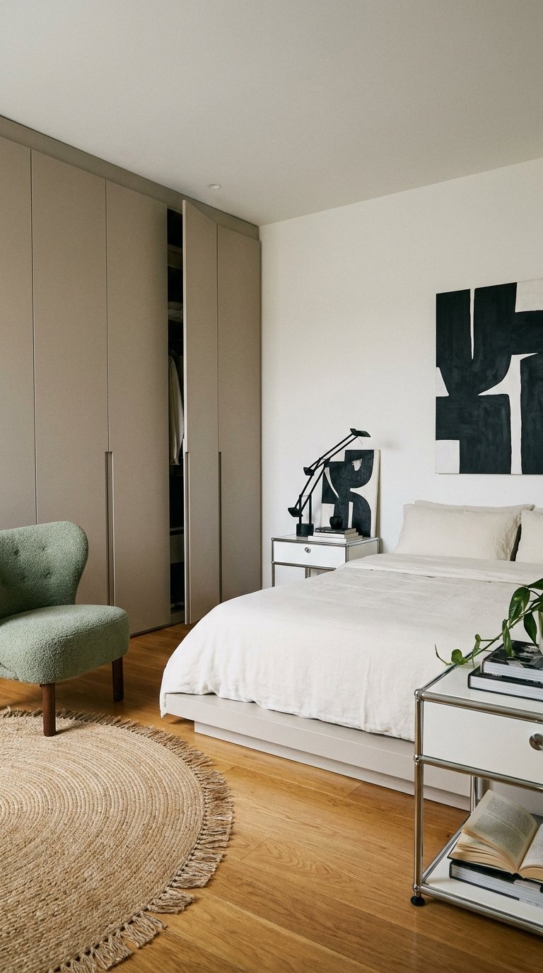 Chambre beige moderne avec placards intégrés, fauteuil vert et tableaux noirs