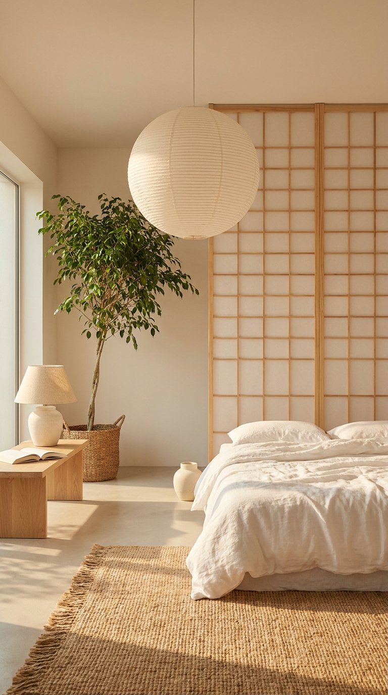Chambre beige japandi avec panneaux en bois, grande suspension en papier et plante