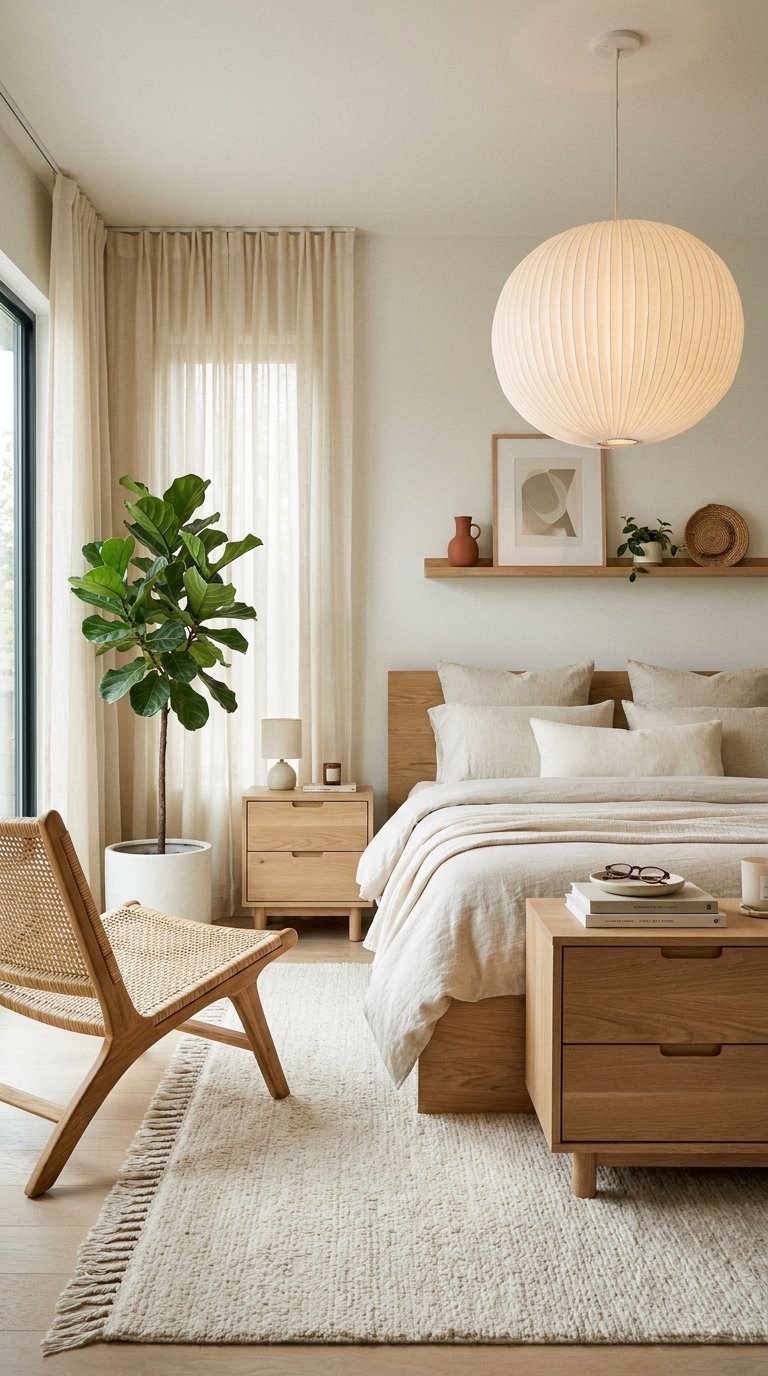 Chambre beige avec mobilier en bois clair, fauteuil cannage et grande plante verte