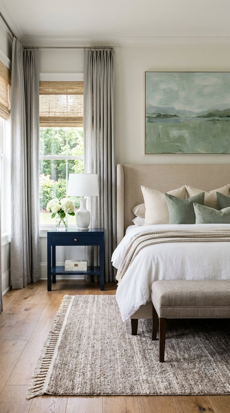 Chambre beige élégante avec coussins vert sauge, chevet bleu nuit et tableau paysage