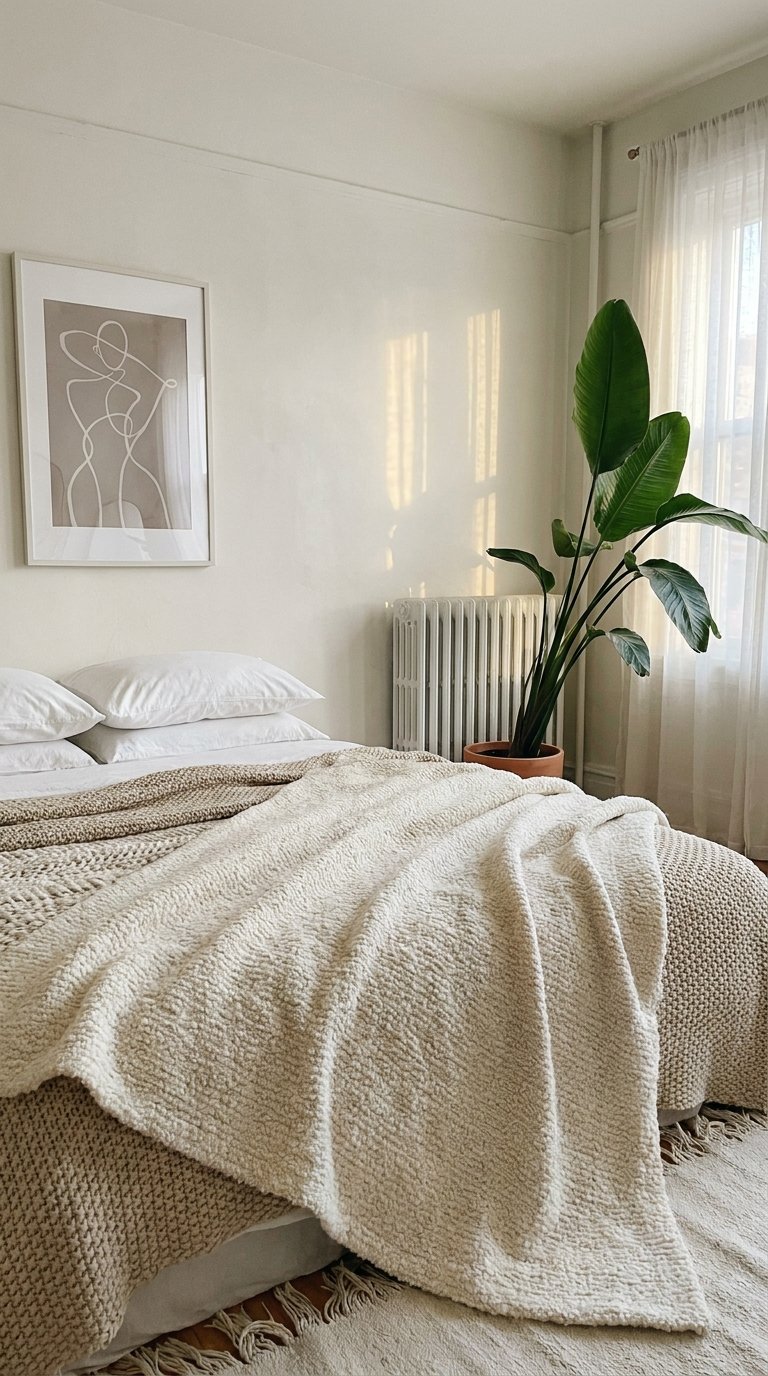 Chambre beige simple avec couvertures texturées, grande plante et radiateur ancien