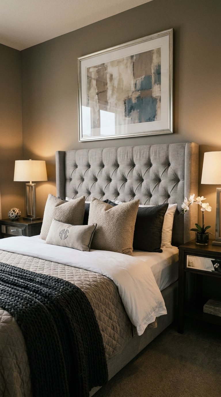 Chambre taupe avec tête de lit capitonnée grise, coussins foncés et lampes symétriques