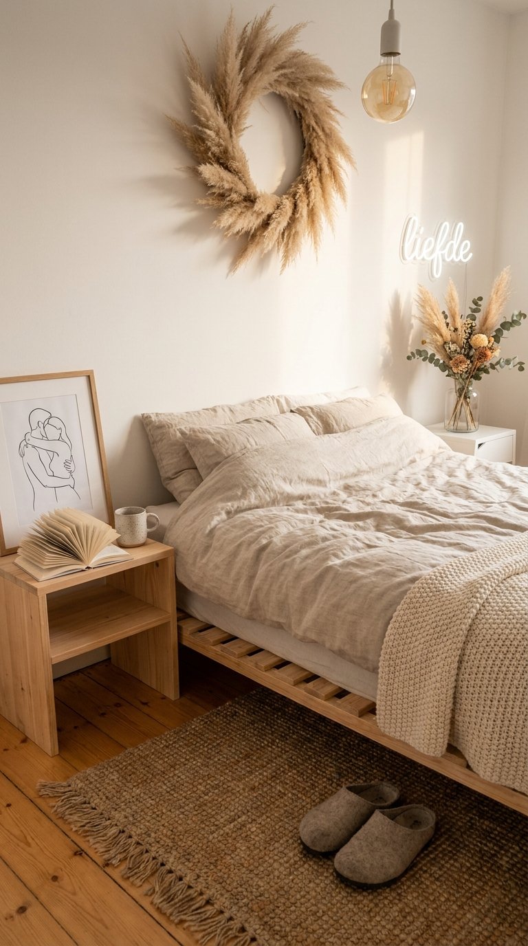 Petite chambre beige avec lit bas en bois, couronne de pampa et fleurs séchées