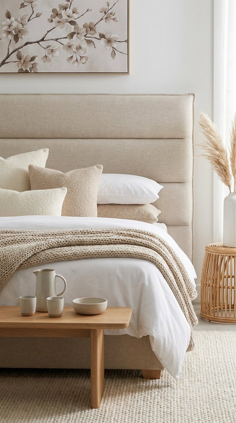 Lit beige rembourré avec coussins crème, plaid tricoté et table basse en bois