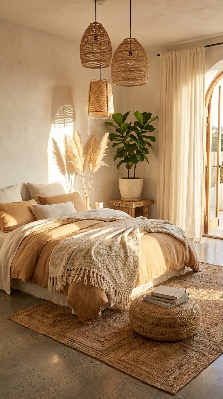 Chambre beige bohème avec linge caramel, suspensions tressées et plante verte