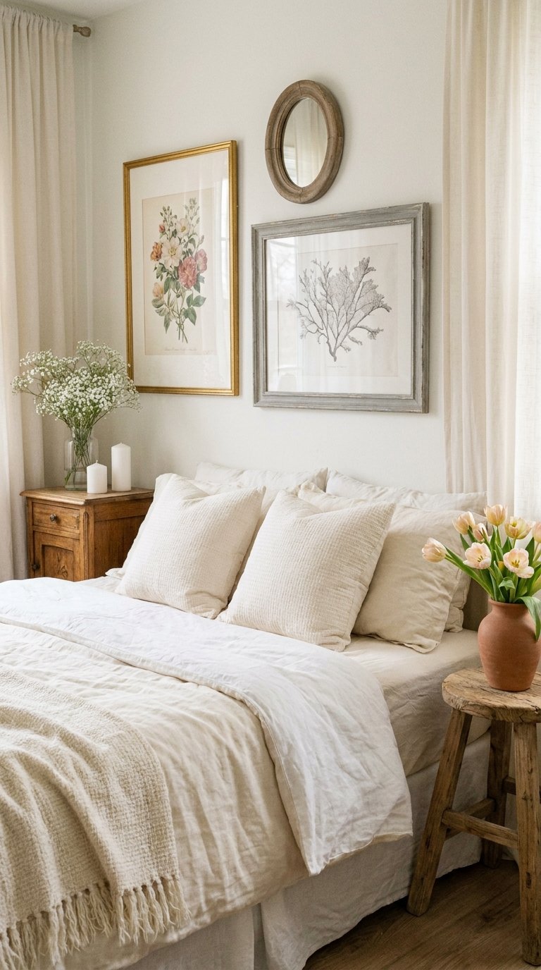 Chambre beige romantique avec cadres botaniques, fleurs fraîches et mobilier ancien