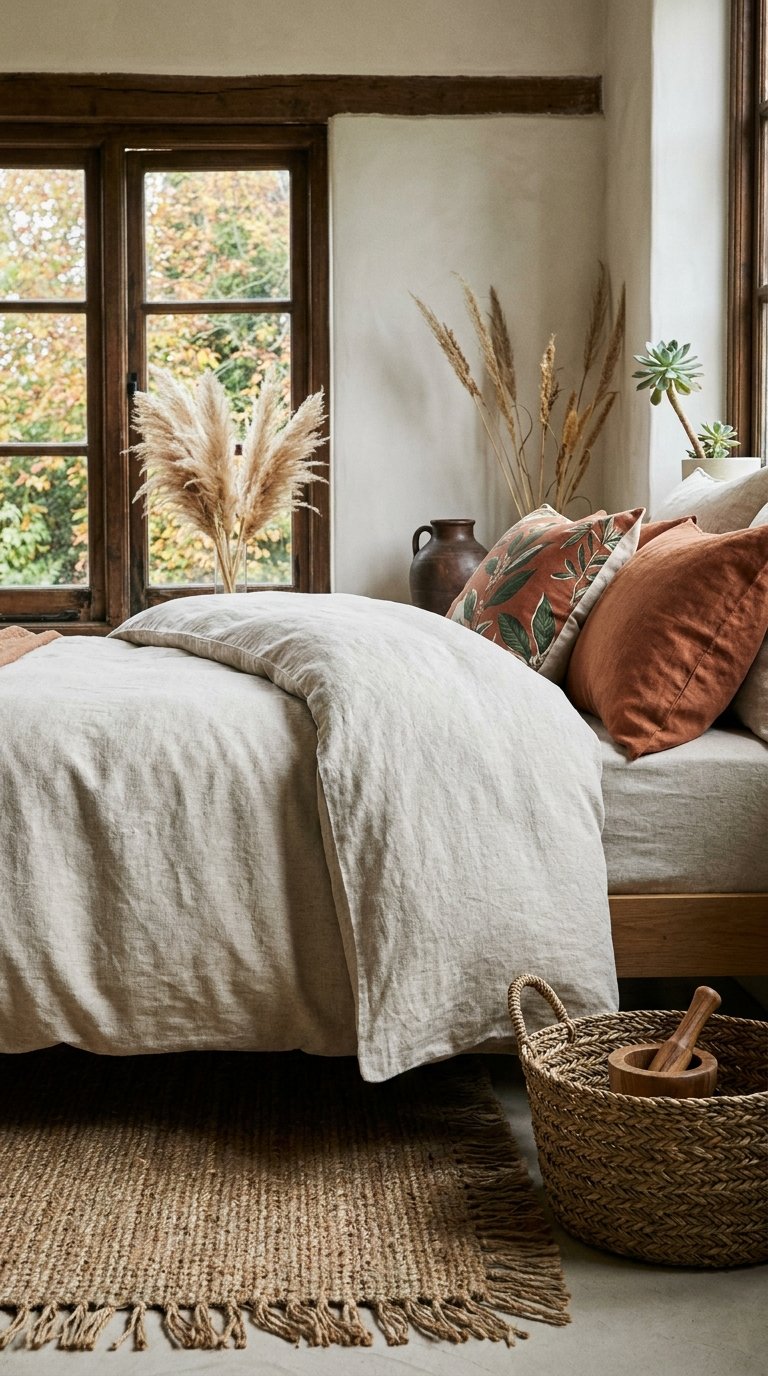 Chambre beige rustique avec fenêtres en bois, coussins terracotta et panier tressé