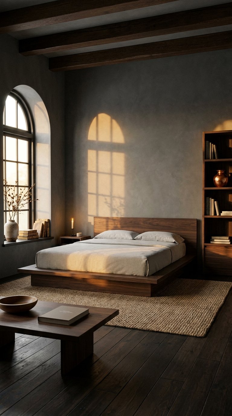 Chambre beige sombre avec lit plateforme en bois, poutres et fenêtre cintrée