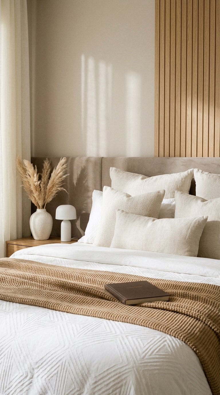 Lit beige avec nombreux coussins, tasseaux de bois et lampe blanche
