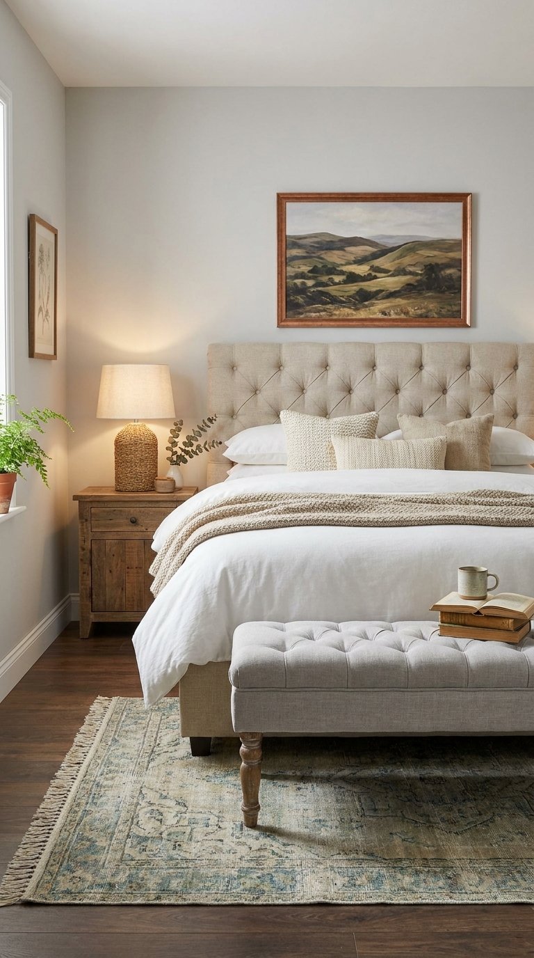 Chambre beige classique avec tête de lit capitonnée, banc et tapis bleu patiné