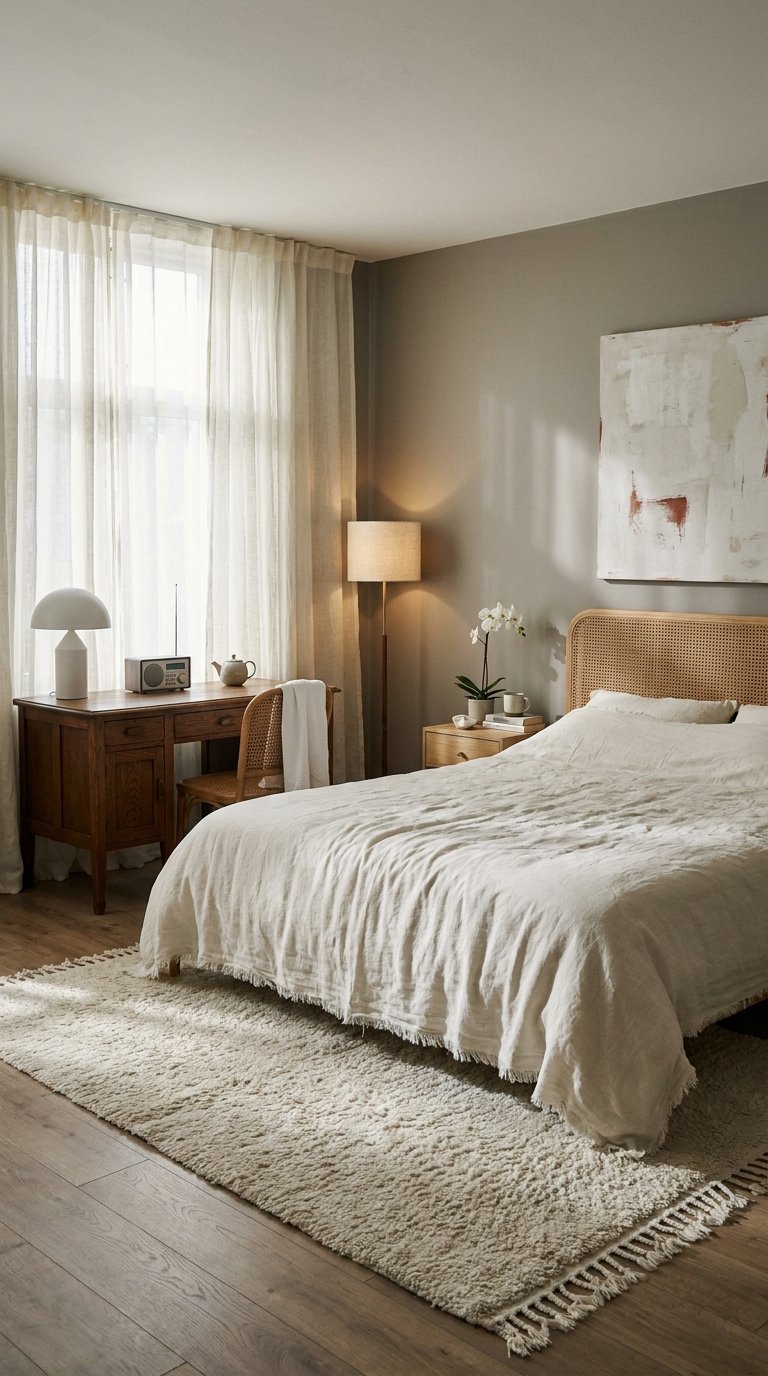 Chambre beige contemporaine avec bureau en bois, tête de lit cannée et tableau abstrait