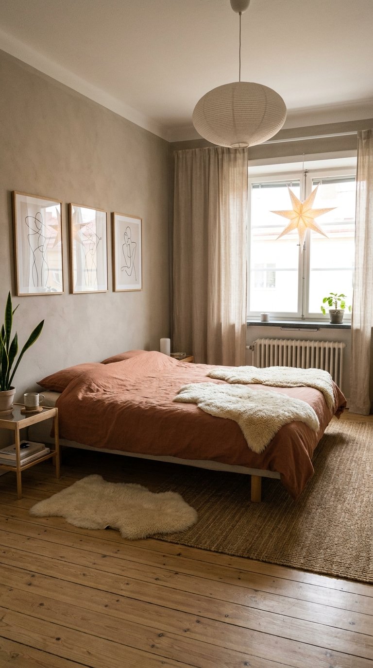Chambre grège scandinave avec housse de couette terracotta et suspensions en papier