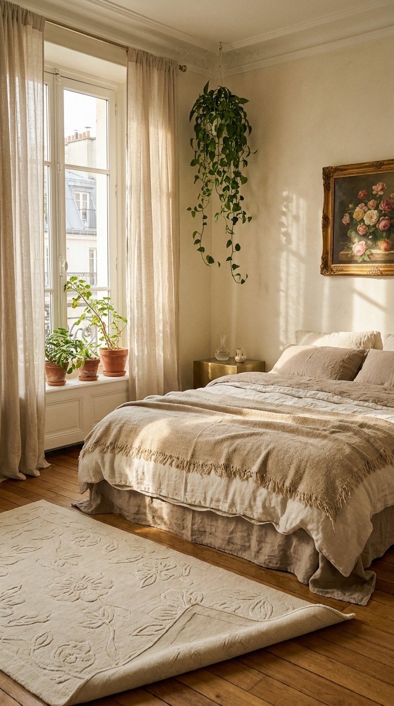 Chambre beige parisienne avec plantes, linge naturel et tableau floral ancien