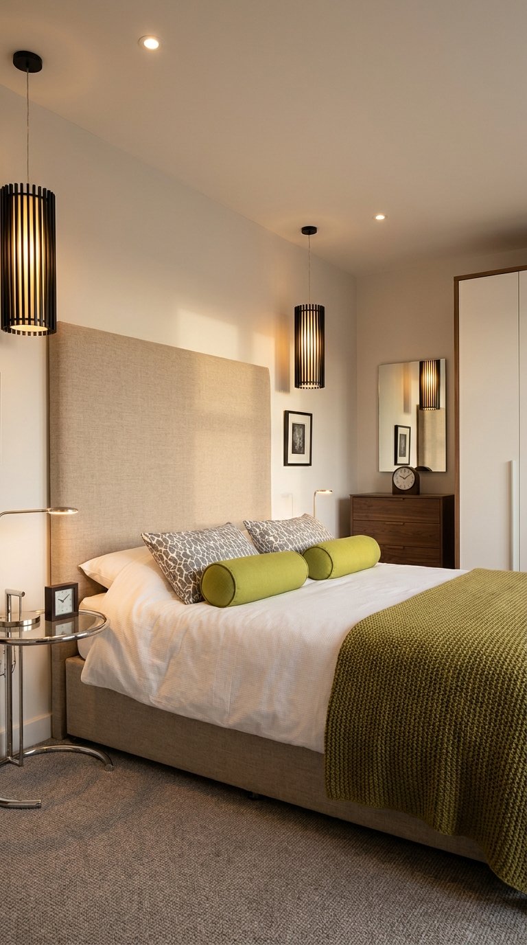 Chambre beige moderne avec tête de lit haute, suspensions noires et plaid vert olive