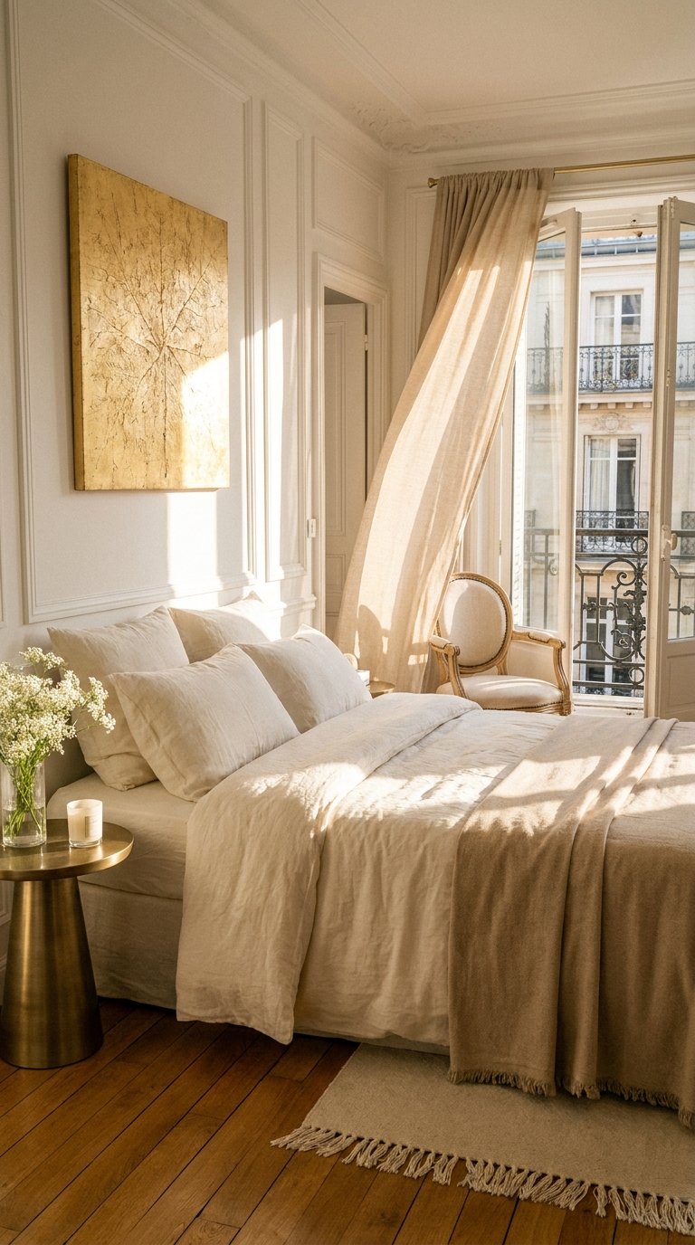 Chambre beige haussmannienne avec moulures, balcon, fauteuil ancien et tableau doré