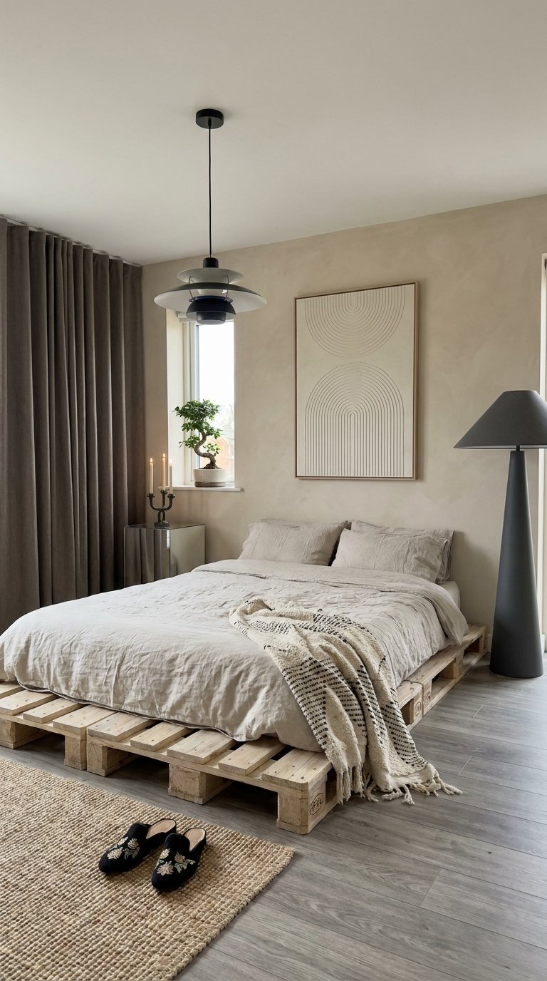 Chambre beige industrielle avec lit en palettes, rideaux gris et luminaires noirs